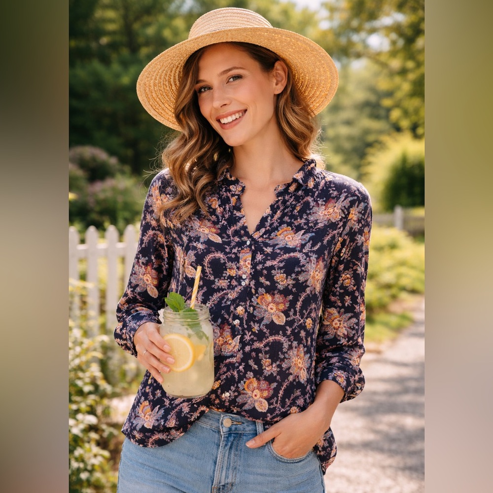 L OFT Petite Floral Button Front Blouse | (Medium Petite) | Ruffle Neck